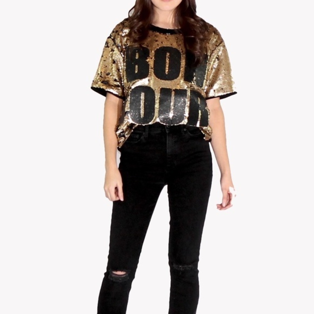 Sequin Gold and Black Bonjour French Top - Picture 2 of 5